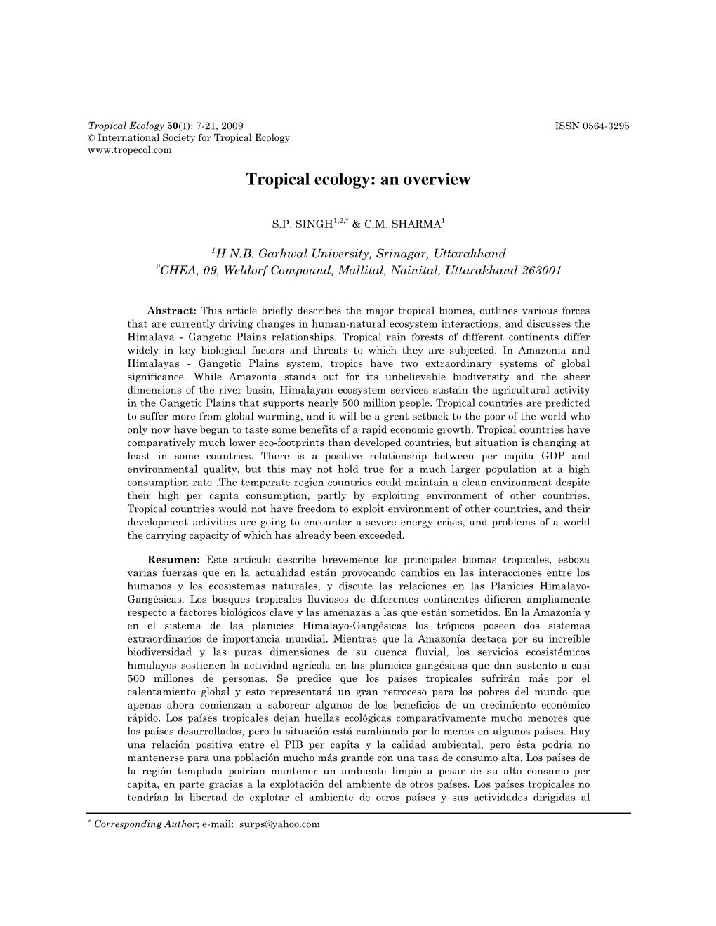 International Society for Tropical Ecology Tropical Ecology: an Overview