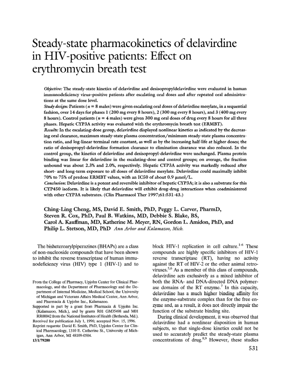 Steady-State Pharmacokinetics of Delavirdine in HIV-Positive Patients: Effect on Erythromycin Breath Test