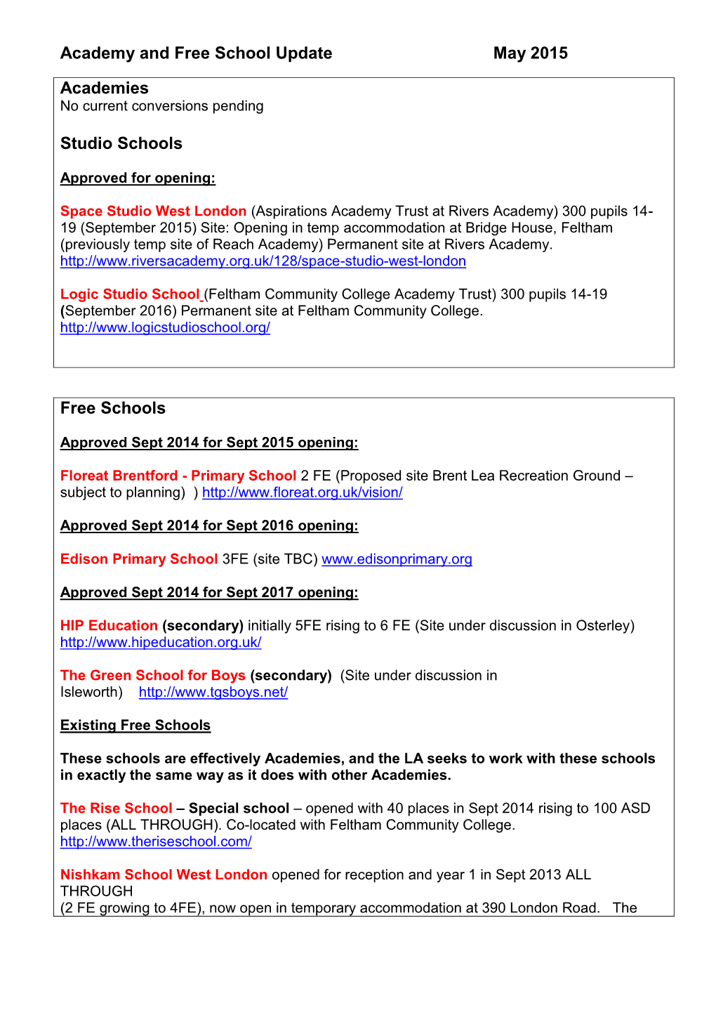 Academy and Free School Update May 2015