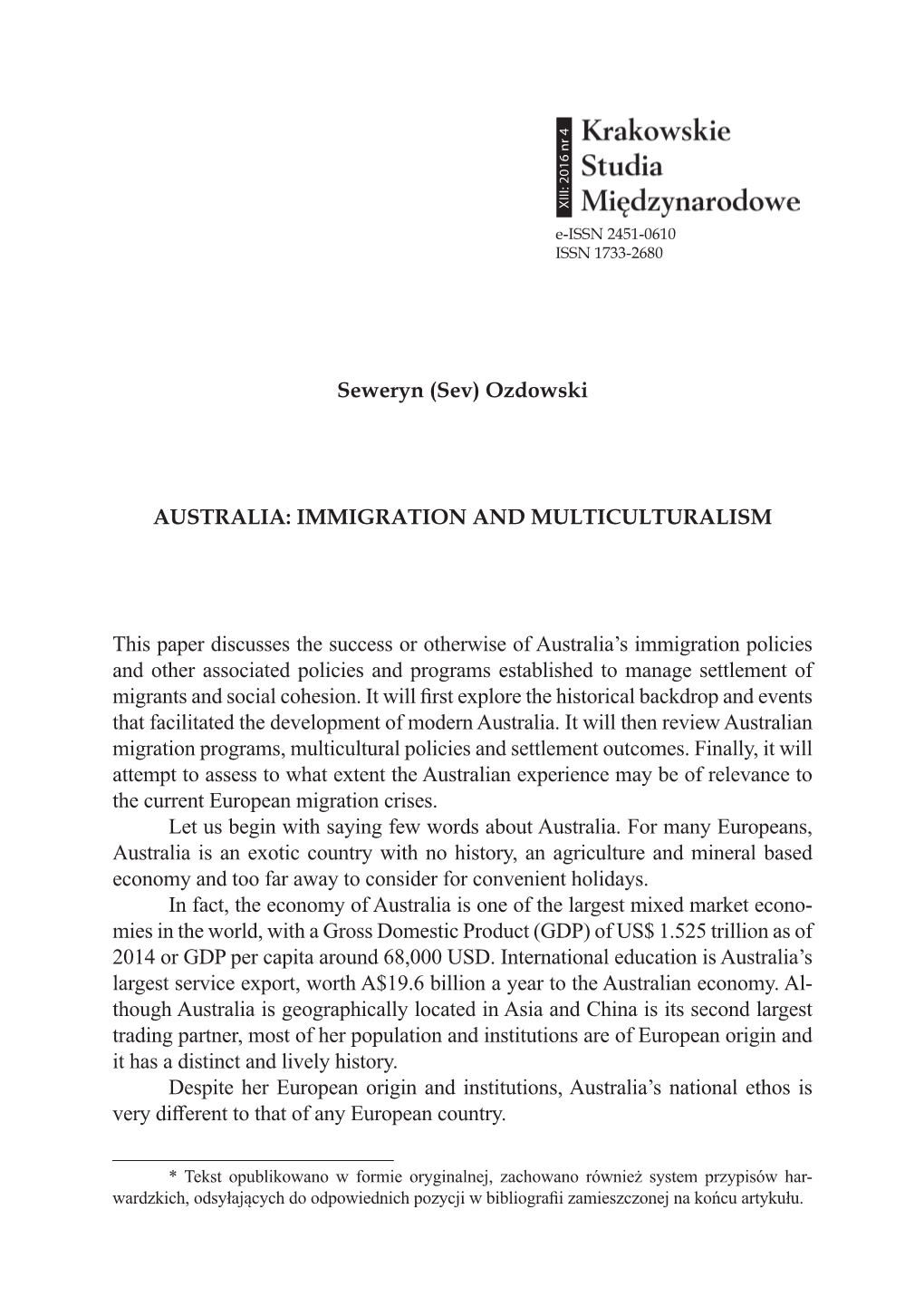 Australia: Immigration and Multiculturalism