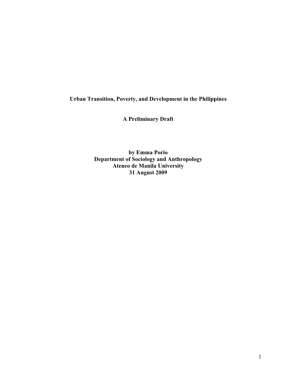 Urban Transition, Poverty, and Development in the Philippines