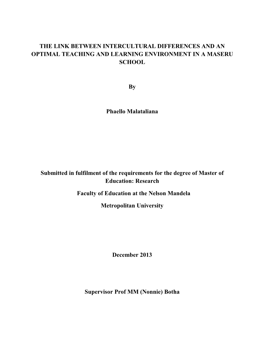 The Link Between Intercultural Differences and an Optimal Teaching and Learning Environment in a Maseru School