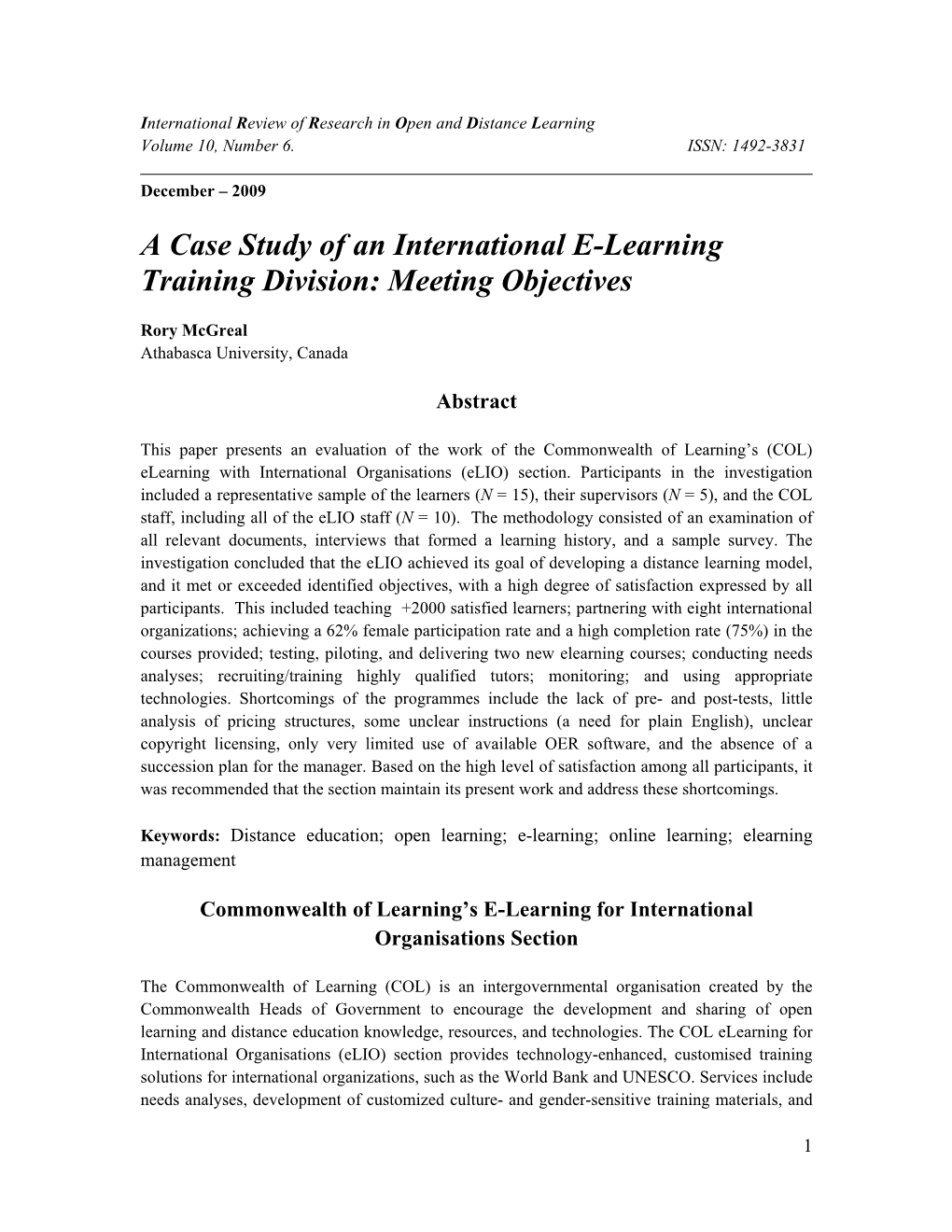 A Case Study of an International E-Learning Training Division: Meeting Objectives
