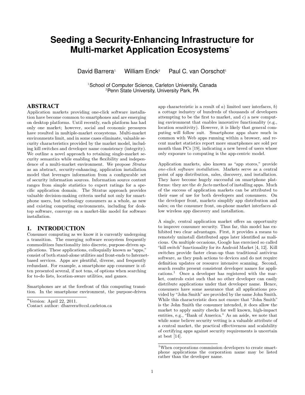 Seeding a Security-Enhancing Infrastructure for Multi-Market Application Ecosystems∗