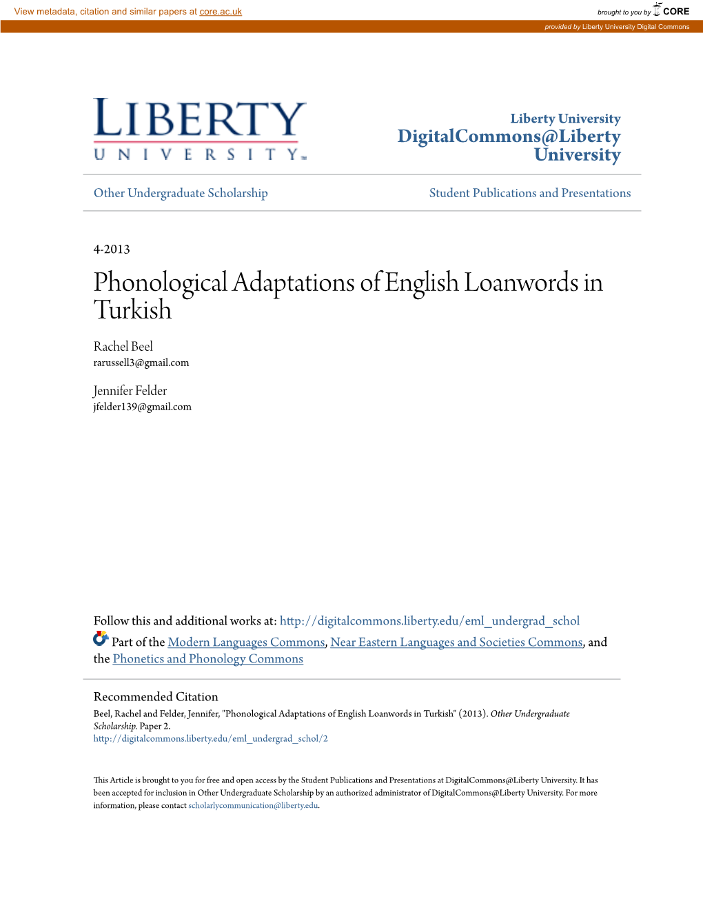 Phonological Adaptations of English Loanwords in Turkish Rachel Beel Rarussell3@Gmail.Com