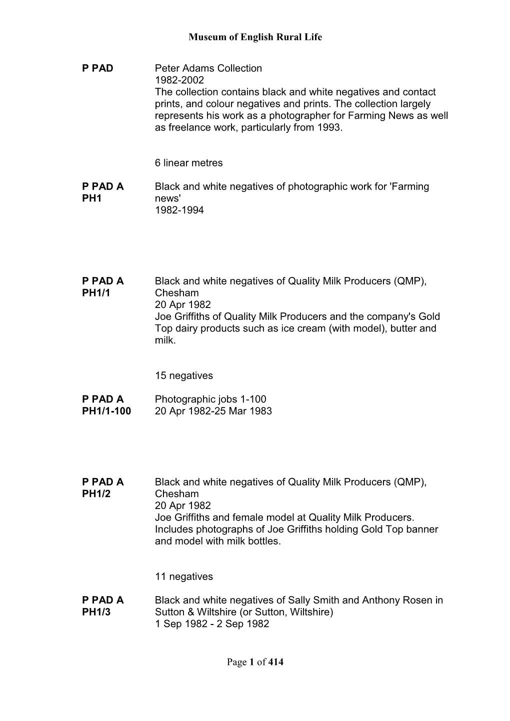 Museum of English Rural Life Page 1 of 414 P PAD Peter Adams