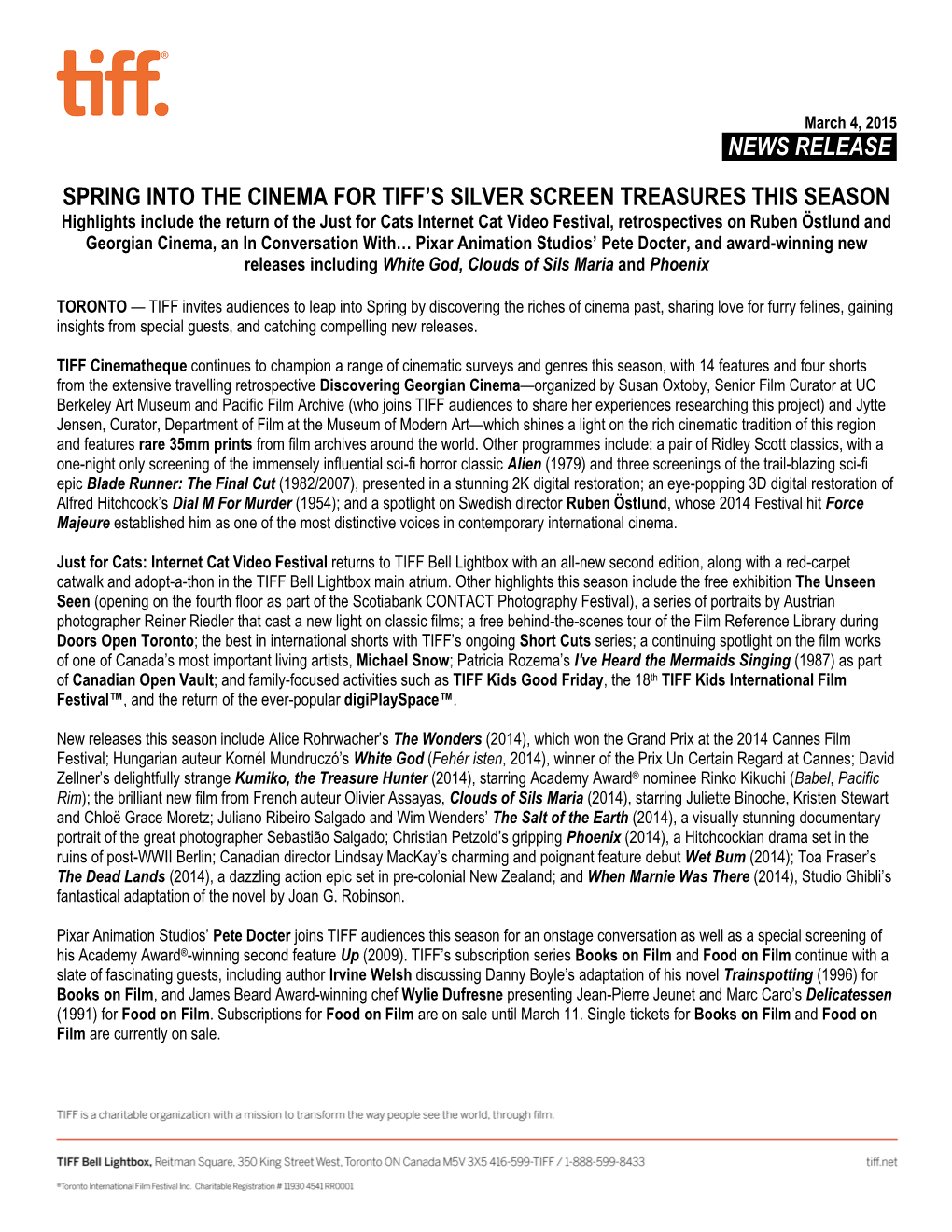 News Release. Spring Into the Cinema for Tiff's Silver