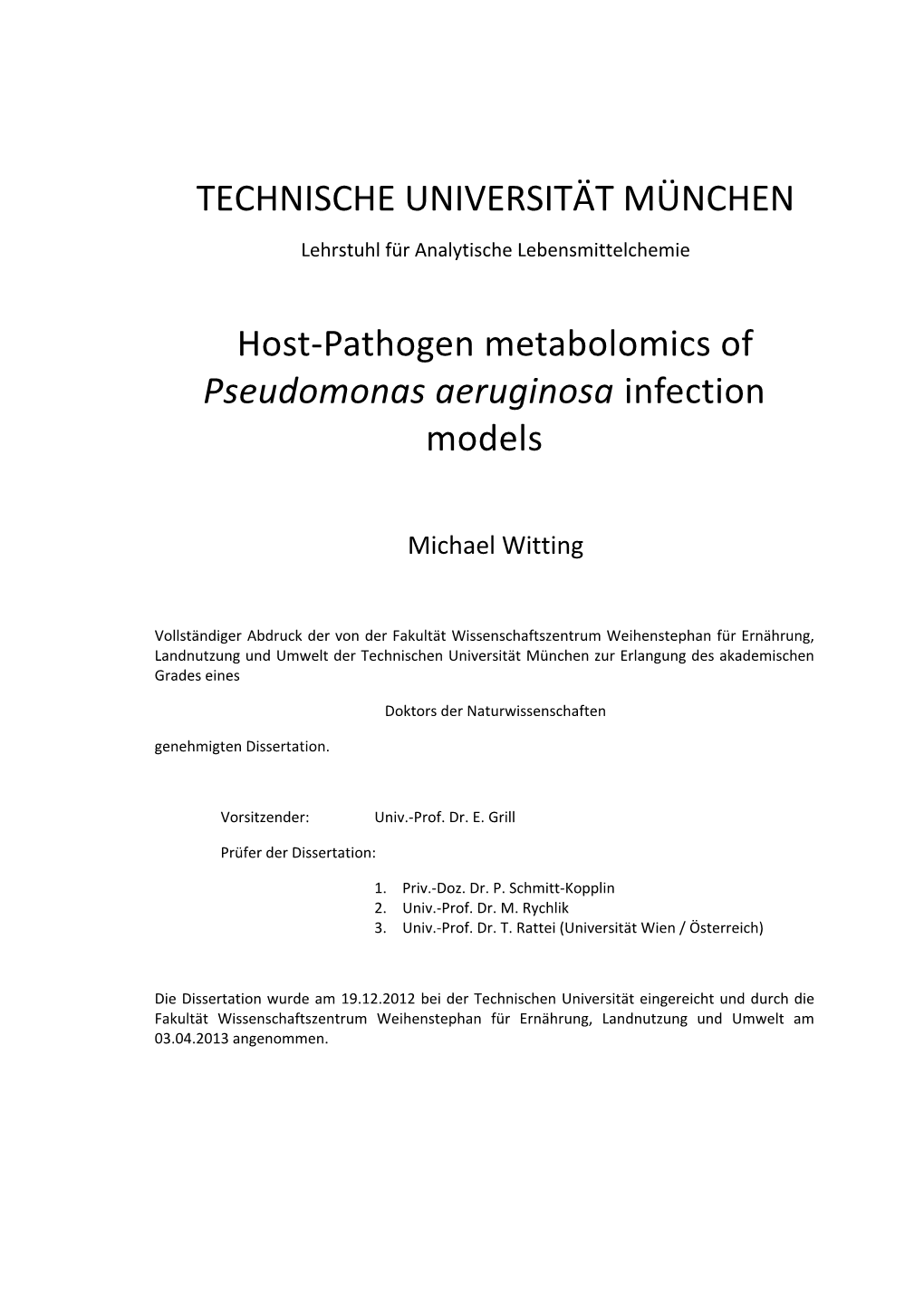 Host-Pathogen Metabolomics of Pseudomonas Aeruginosa Infection Models