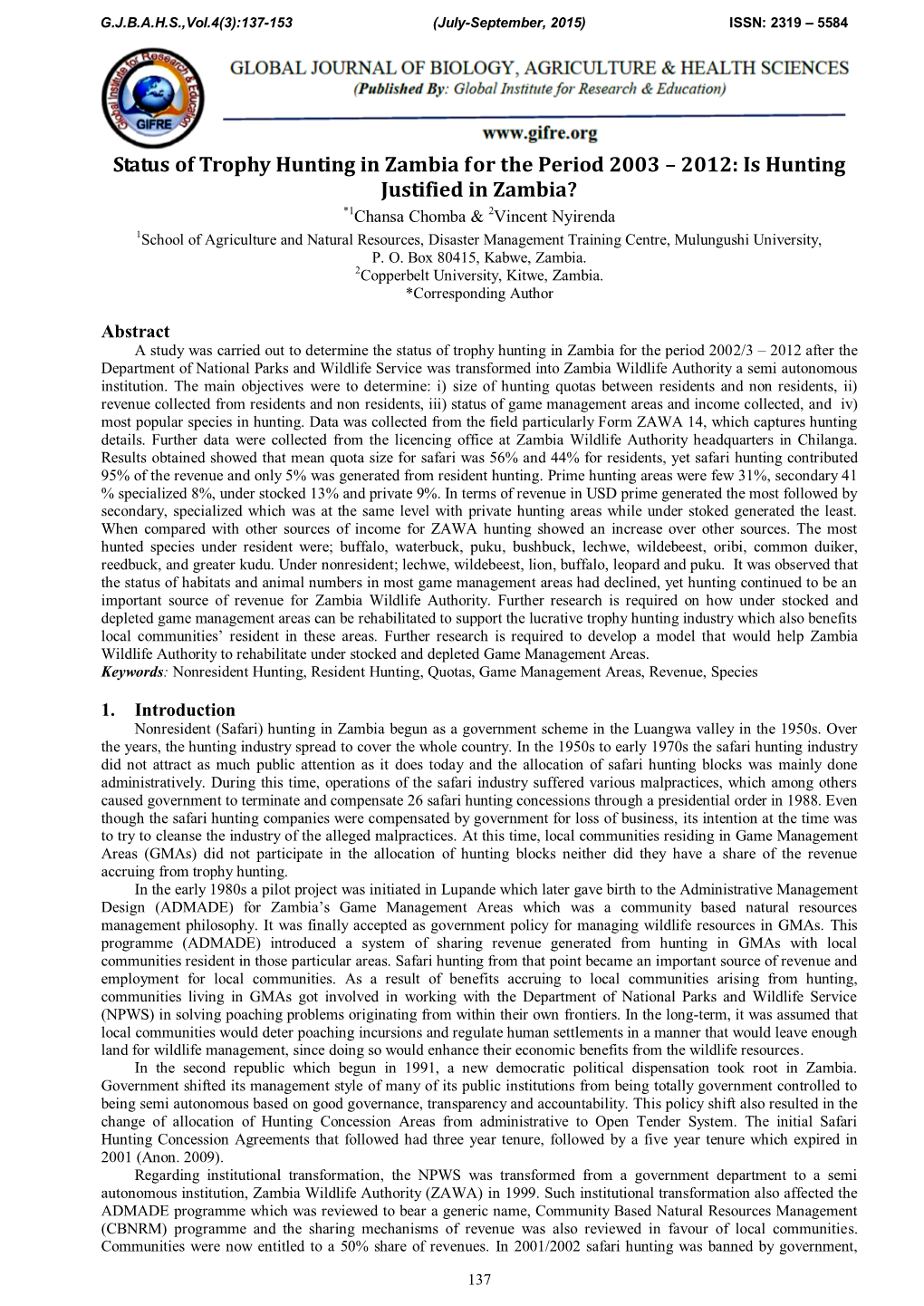 Status of Trophy Hunting in Zambia for the Period 2003 – 2012