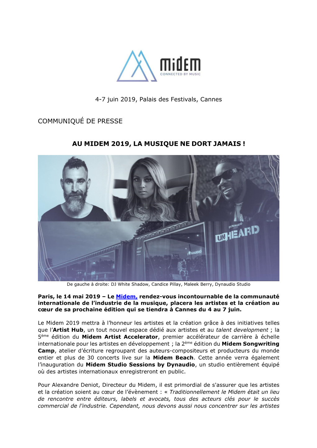 Communiqué De Presse Au Midem 2019, La Musique Ne
