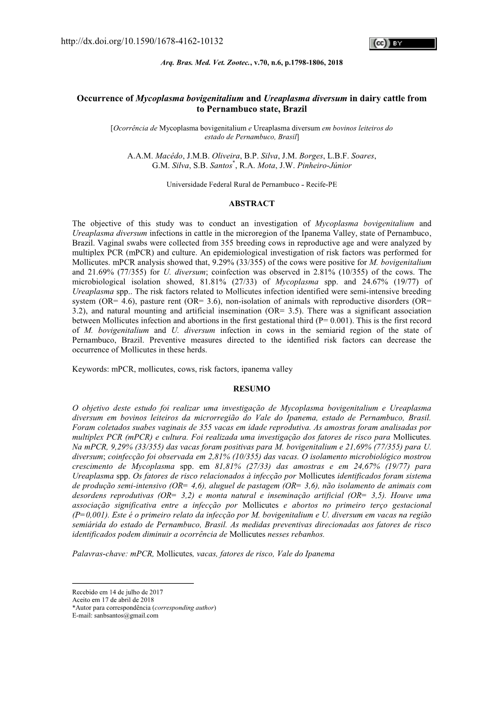 Occurrence of Mycoplasma Bovigenitalium and Ureaplasma Diversum in Dairy Cattle from to Pernambuco State, Brazil