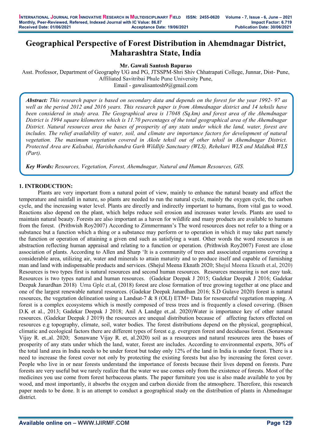 Geographical Perspective of Forest Distribution in Ahemdnagar District, Maharashtra State, India