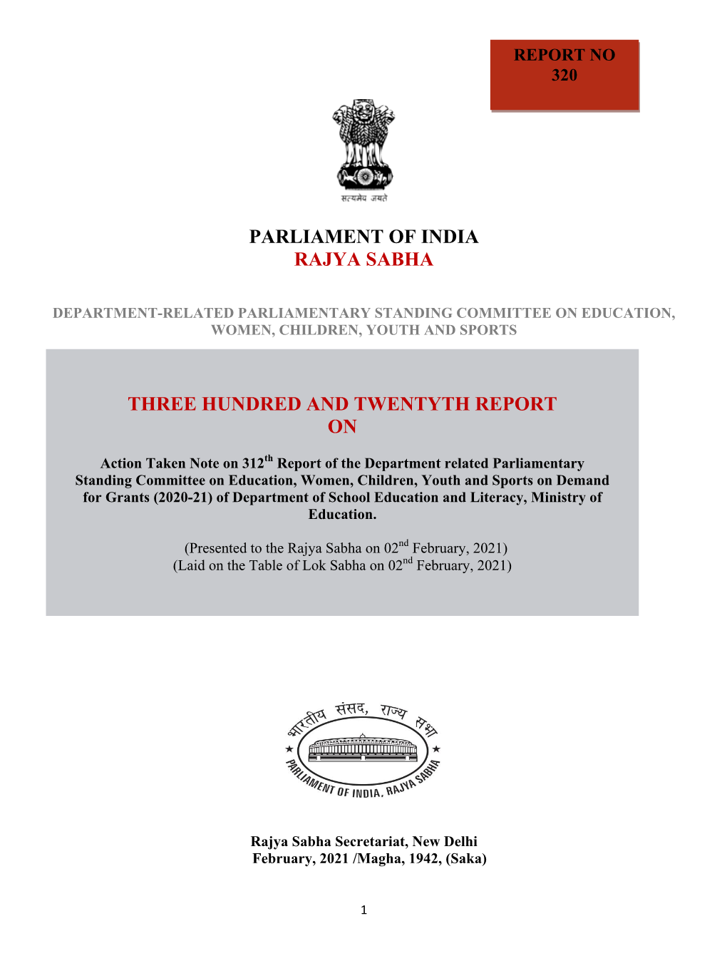 Parliament of India Rajya Sabha Three Hundred and Twentyth Report On