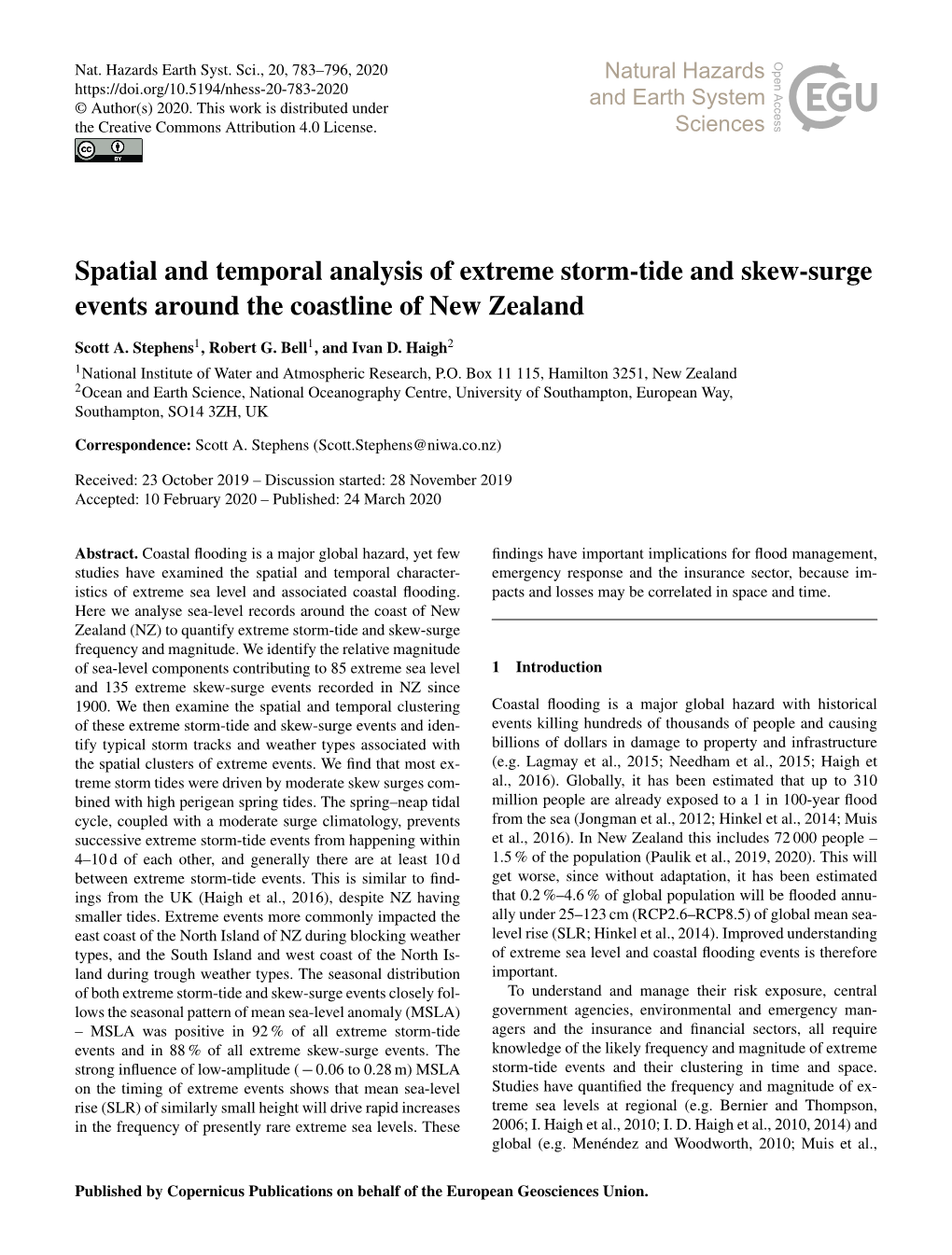 Spatial and Temporal Analysis of Extreme Storm-Tide and Skew-Surge Events Around the Coastline of New Zealand