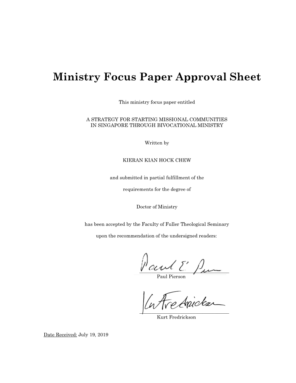 Ministry Focus Paper Approval Sheet