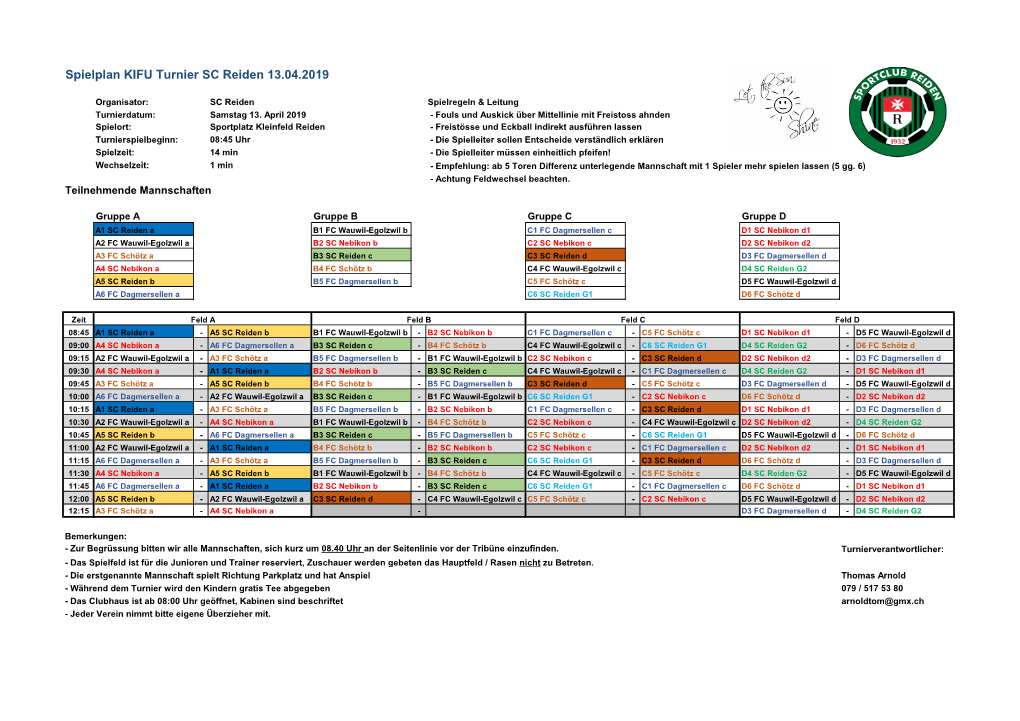 Spielplan KIFU Turnier SC Reiden 13.04.2019