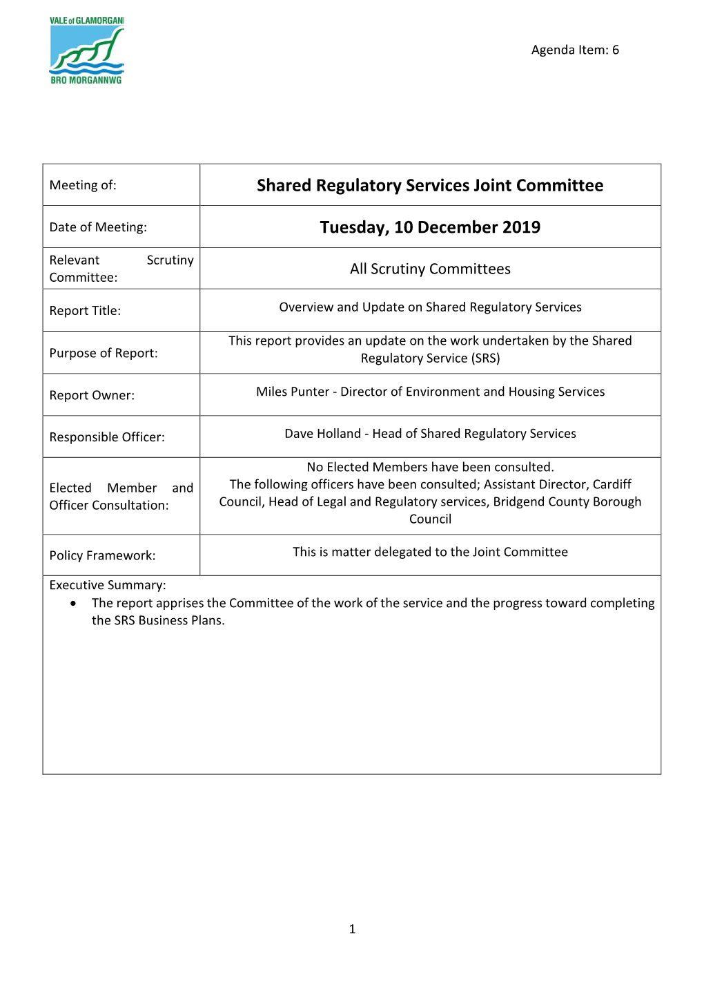 Overview and Update on Shared Regulatory Services