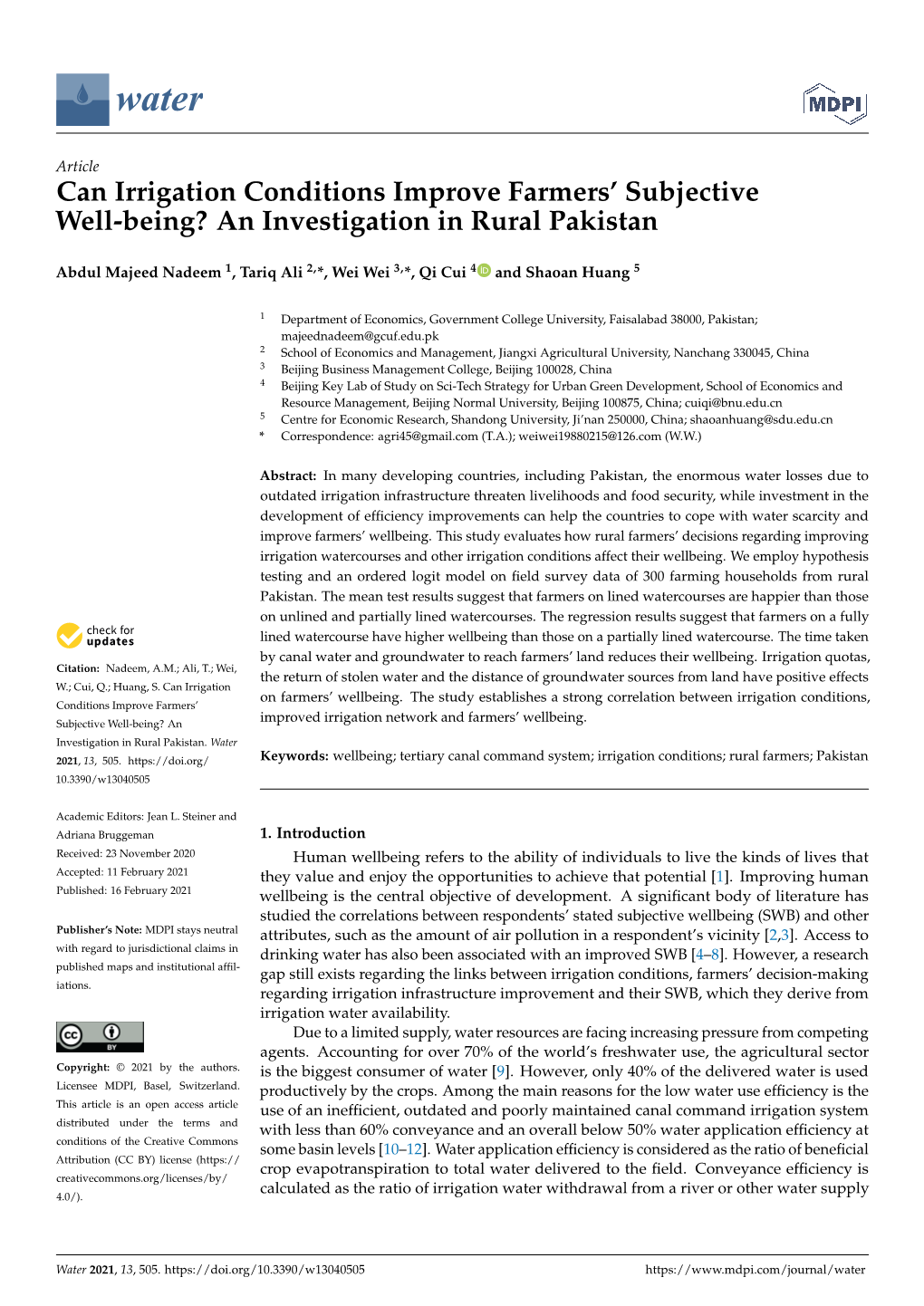 Can Irrigation Conditions Improve Farmers' Subjective Well-Being? An