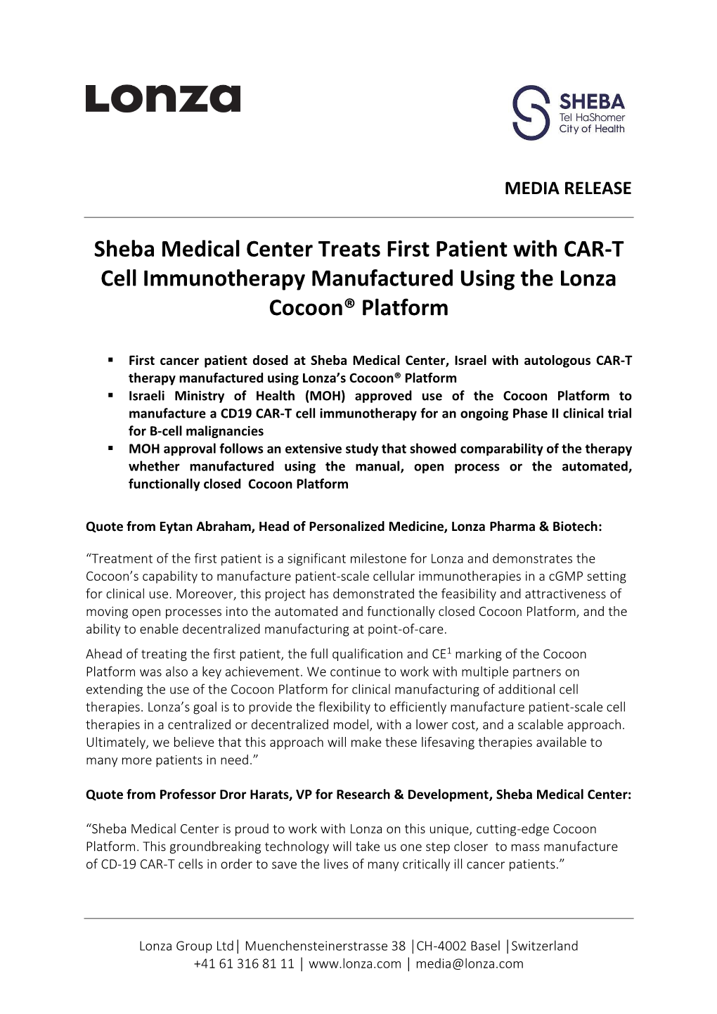 Sheba Medical Center Treats First Patient with CAR-T Cell Immunotherapy Manufactured Using the Lonza Cocoon® Platform