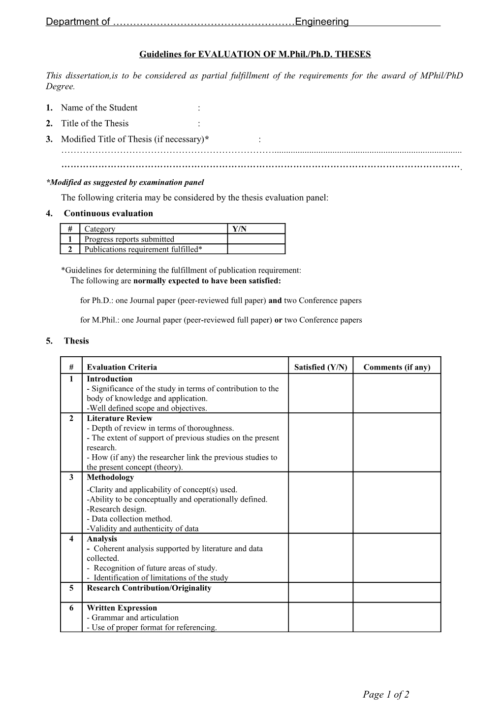 Evaluation of Thesis for Award of Mba Degree