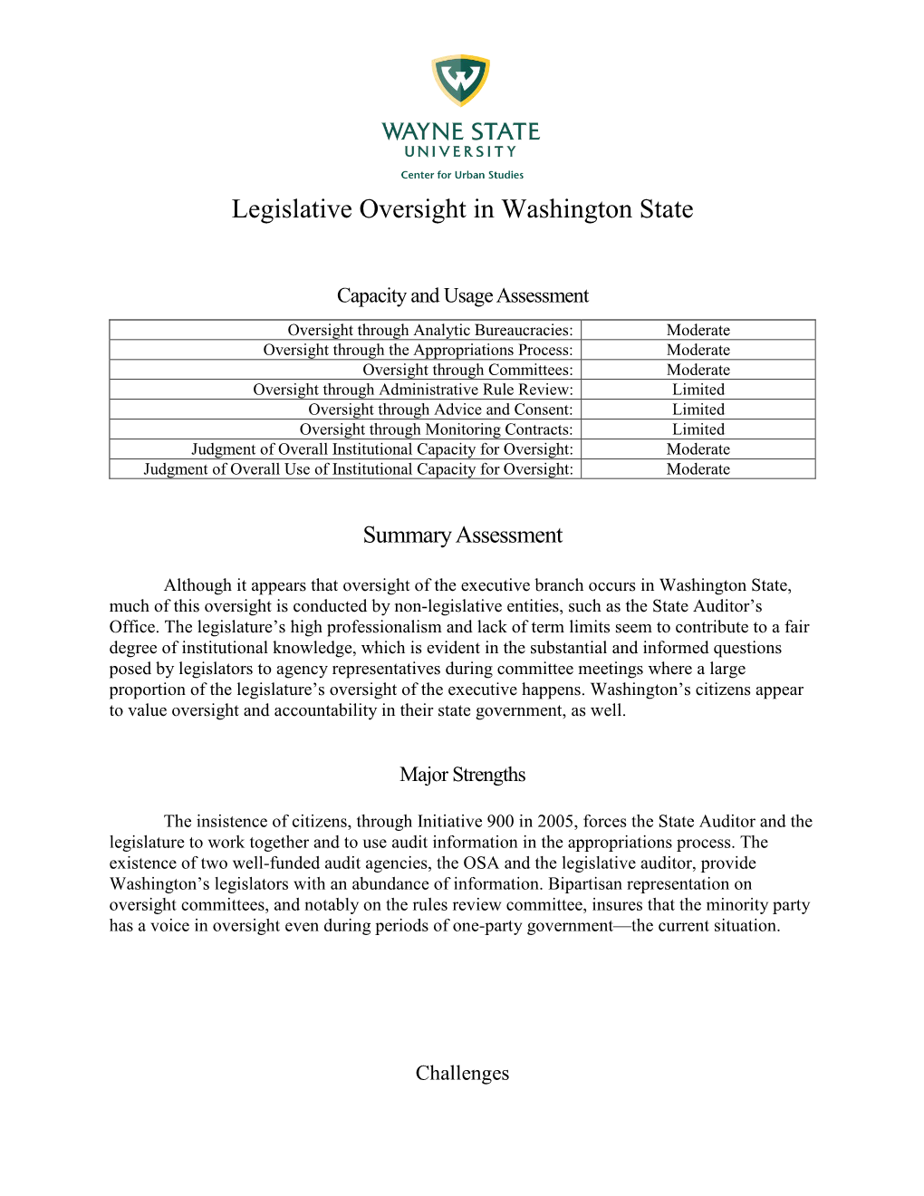 Legislative Oversight in Washington State