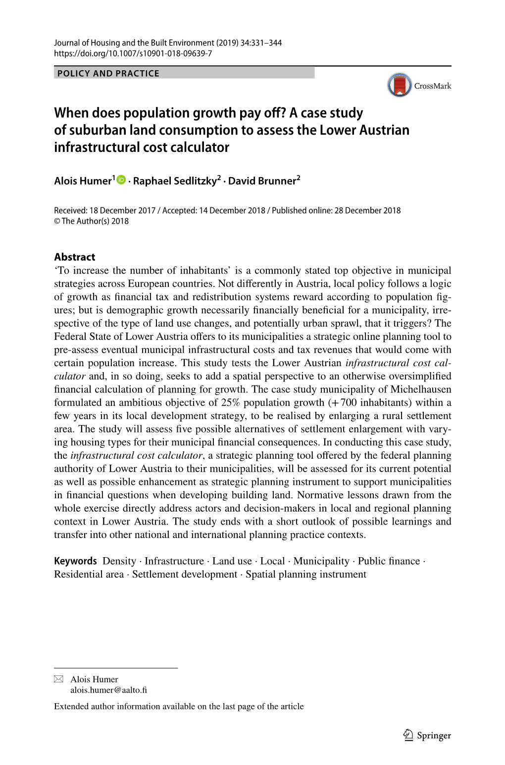 When Does Population Growth Pay Off? a Case Study of Suburban Land Consumption to Assess the Lower Austrian Infrastructural Cost