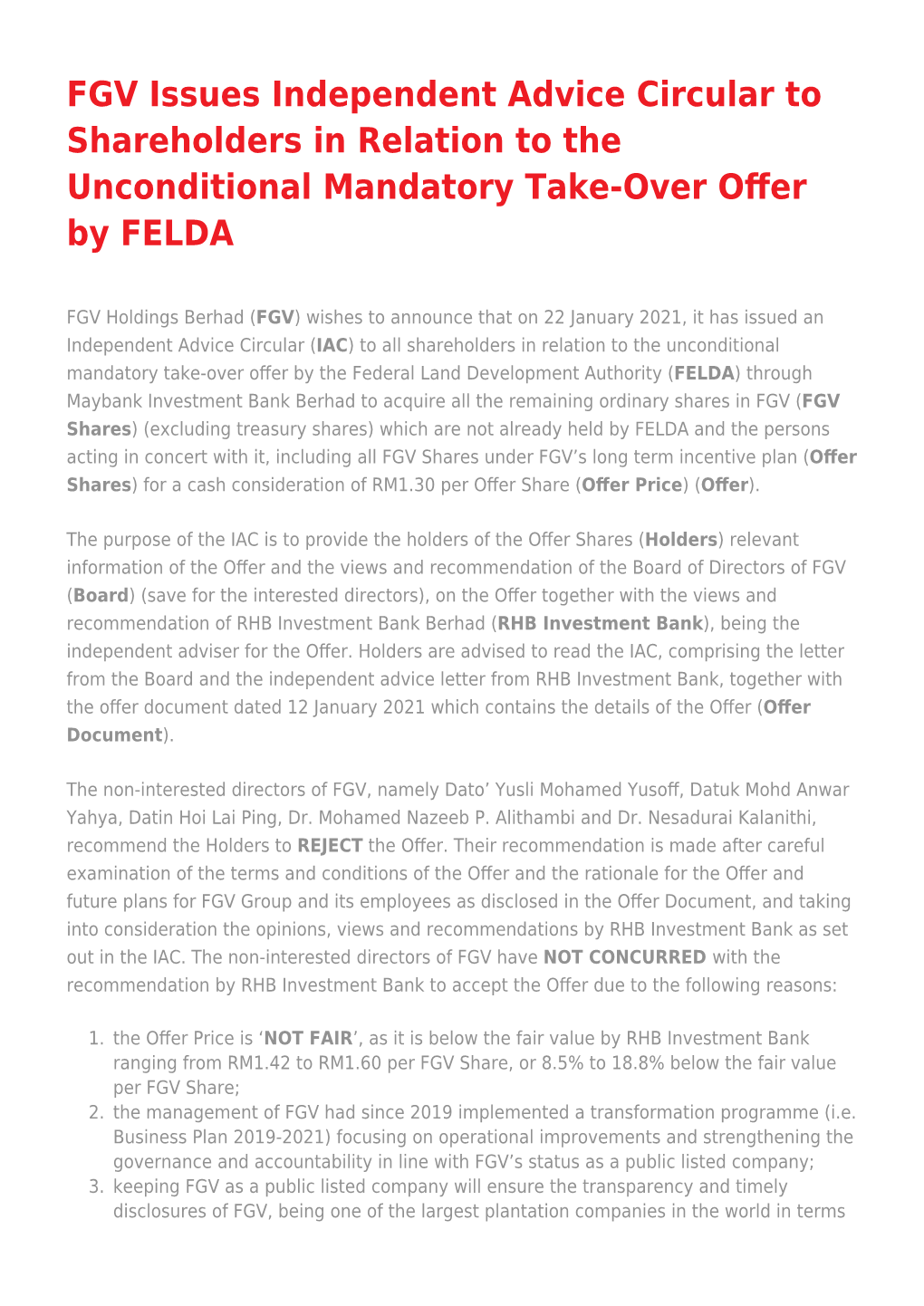 FGV Issues Independent Advice Circular to Shareholders in Relation to the Unconditional Mandatory Take-Over Oﬀer by FELDA