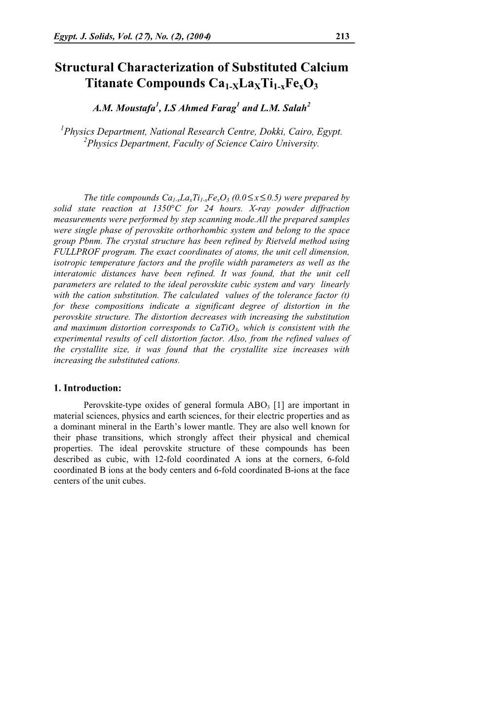 Structural Characterization of Substituted Calcium Titanate Compounds Ca1-Xlaxti1-Xfexo3