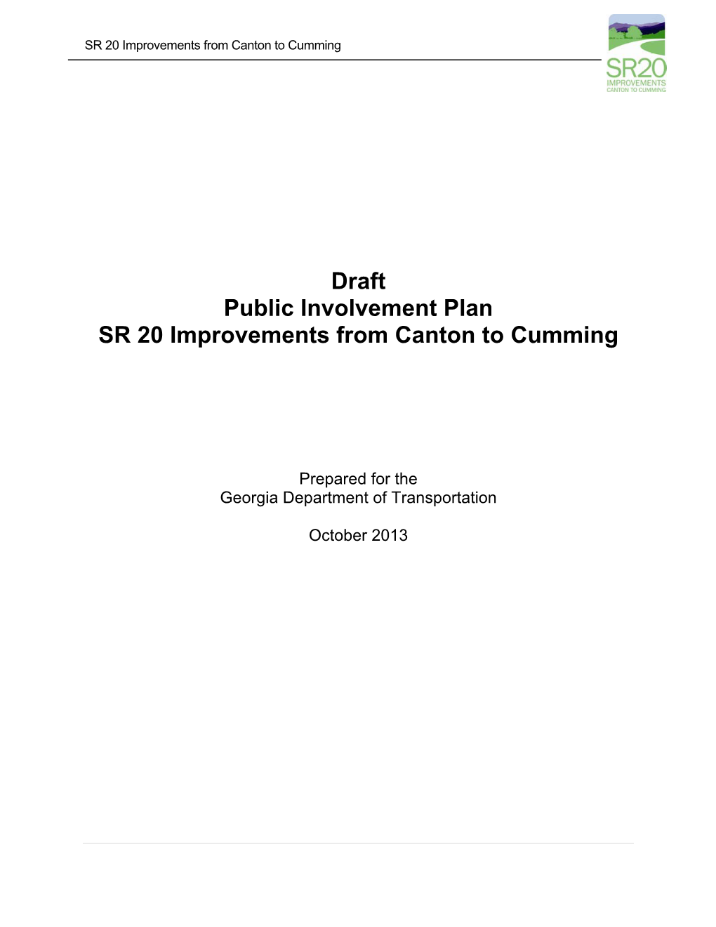 Draft Public Involvement Plan SR 20 Improvements from Canton to Cumming