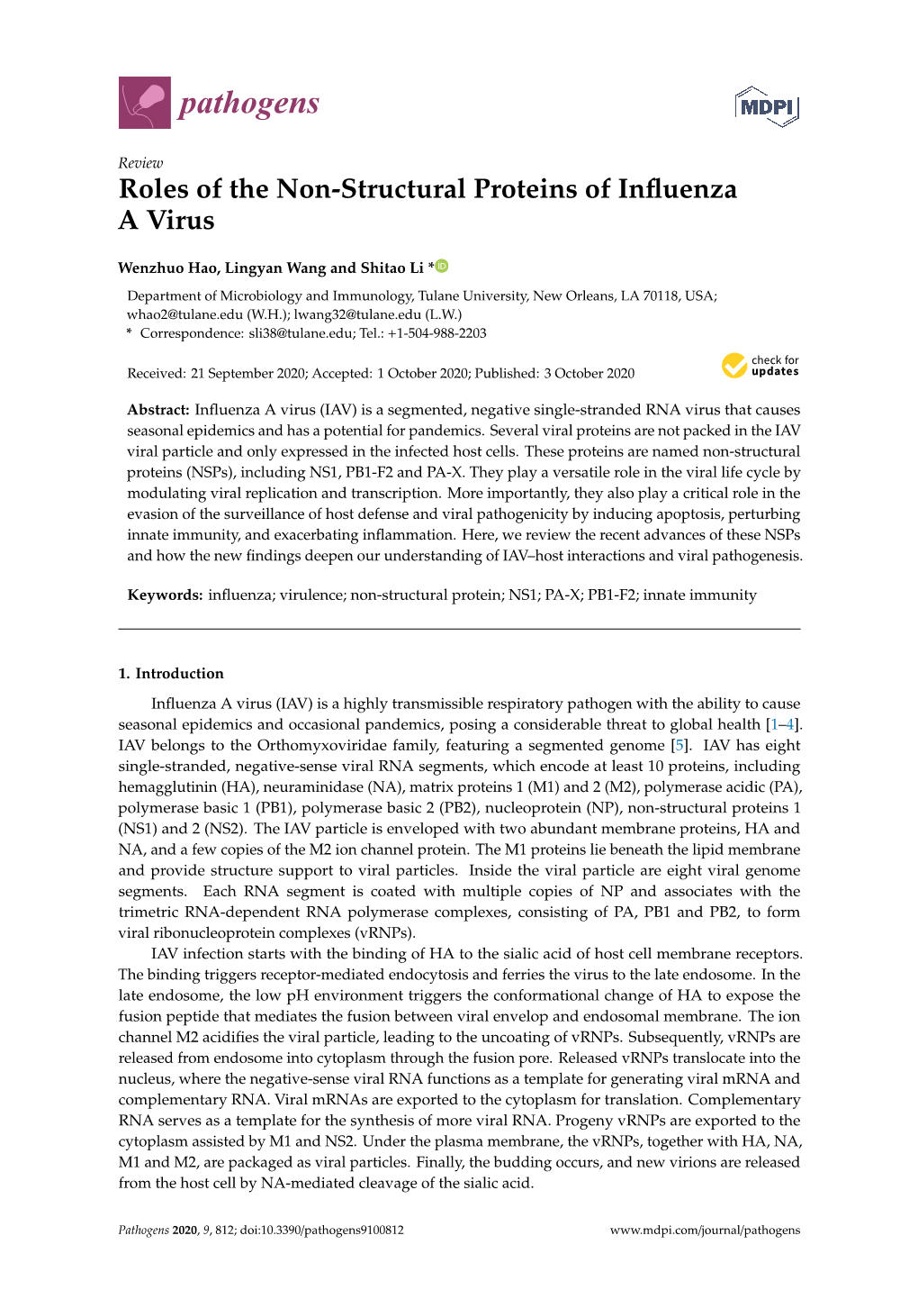 Roles of the Non-Structural Proteins of Influenza a Virus