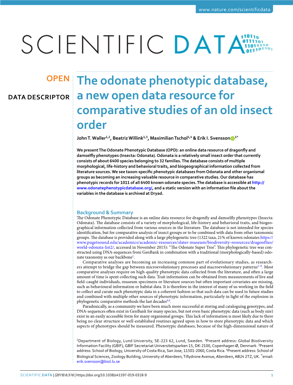 The Odonate Phenotypic Database, a New Open Data Resource for Comparative Studies of an Old Insect Order