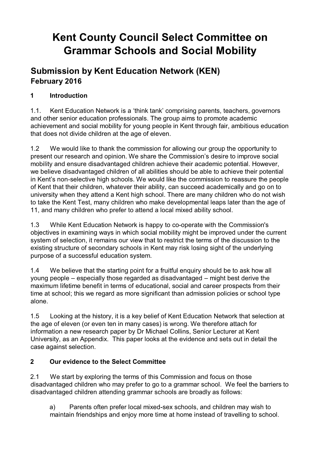 Kent County Council Select Committee on Grammar Schools and Social Mobility
