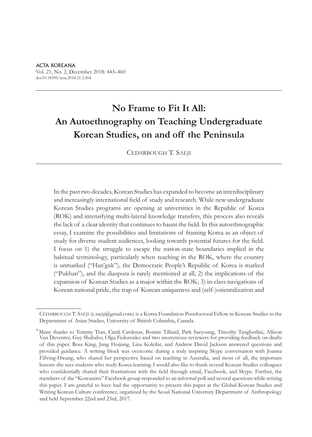 No Frame to Fit It All: an Autoethnography on Teaching Undergraduate Korean Studies, on and Off the Peninsula