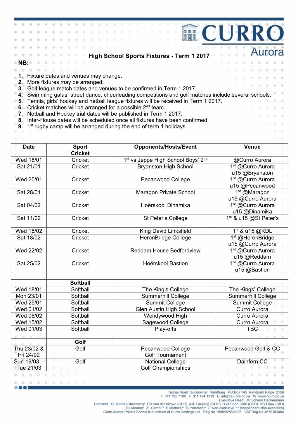 High School Sports Fixtures - Term 1 2017 NB