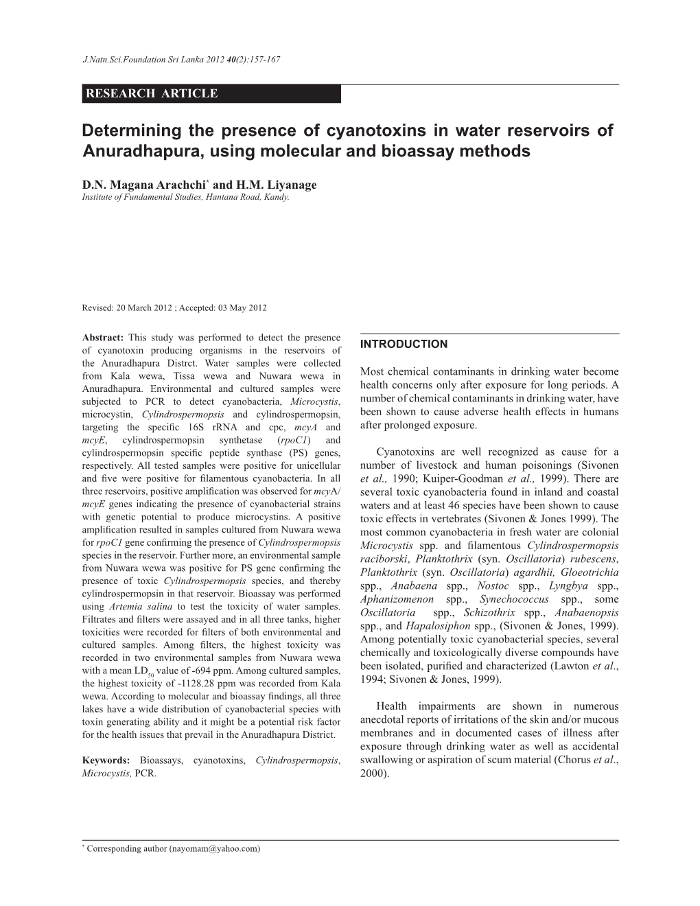 Determining the Presence of Cyanotoxins in Water Reservoirs of Anuradhapura, Using Molecular and Bioassay Methods