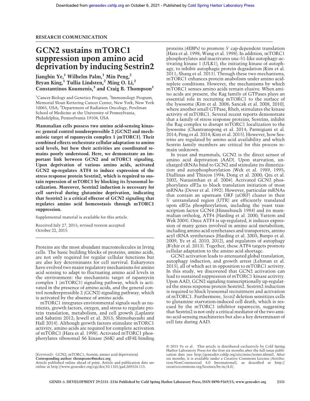 GCN2 Sustains Mtorc1 Suppression Upon Amino Acid Deprivation by Inducing Sestrin2