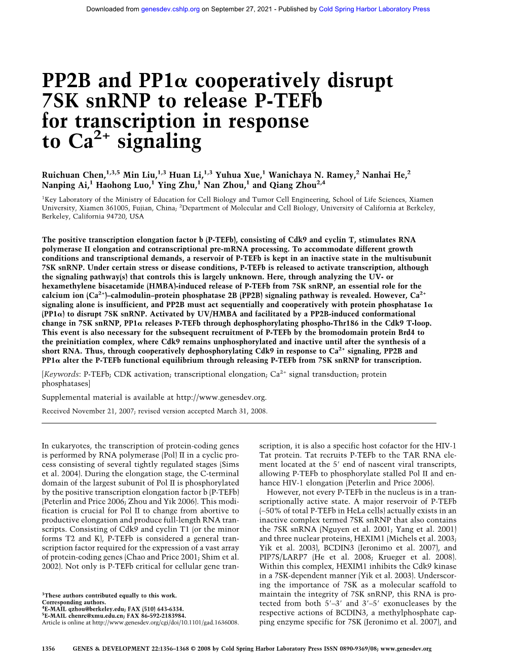 PP2B and PP1 Cooperatively Disrupt 7SK Snrnp to Release P-Tefb for Transcription in Response to Ca Signaling