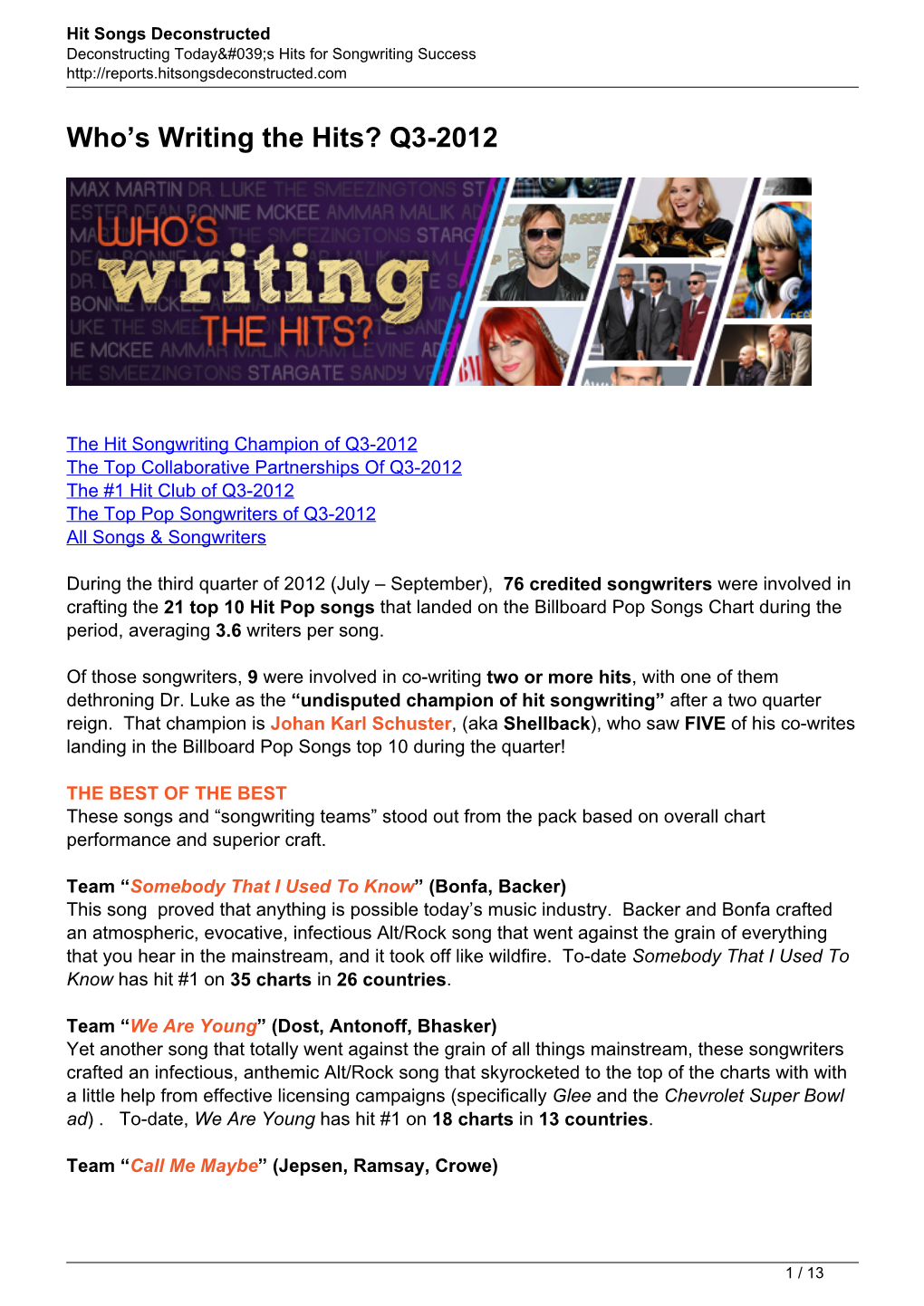 Who's Writing the Hits? Q3-2012