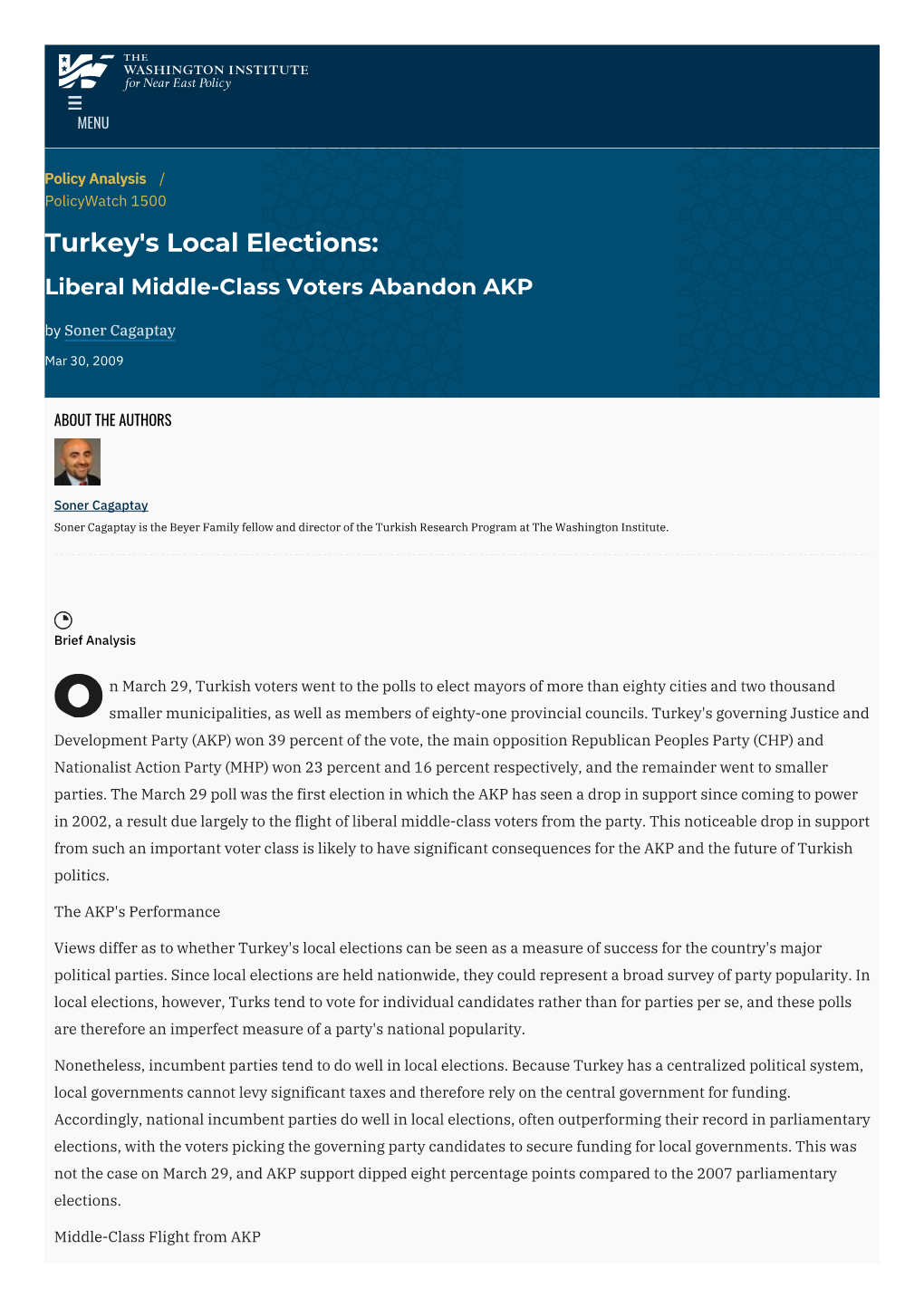 Turkey's Local Elections: Liberal Middle-Class Voters Abandon AKP by Soner Cagaptay