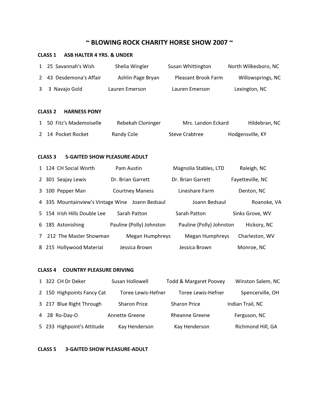 BRCHS Saddlebred Show Results 2007