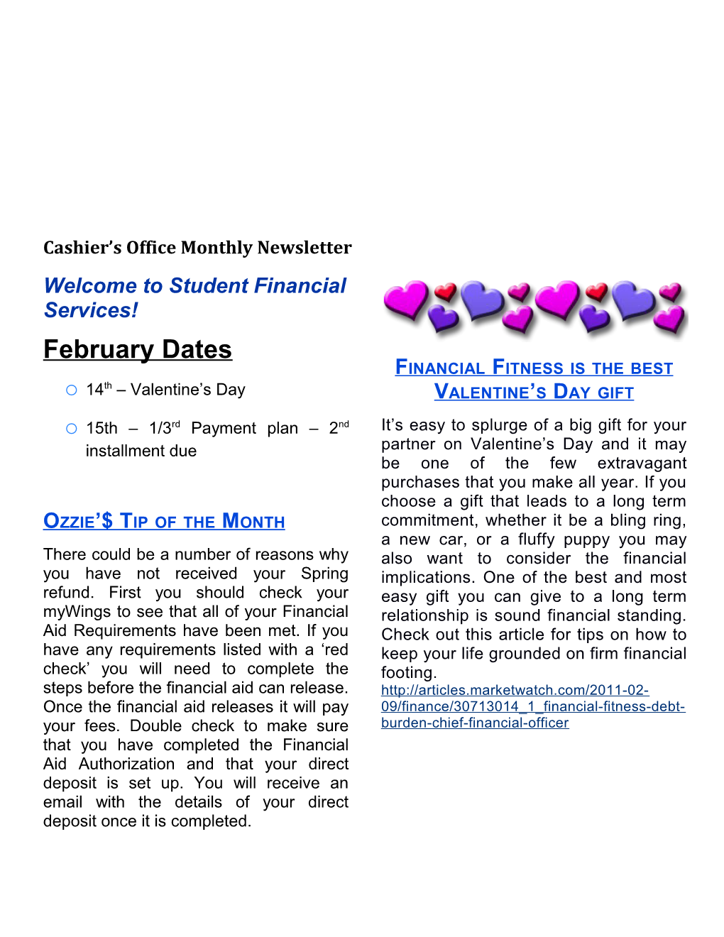 Cashier S Office Monthly Newsletter s1