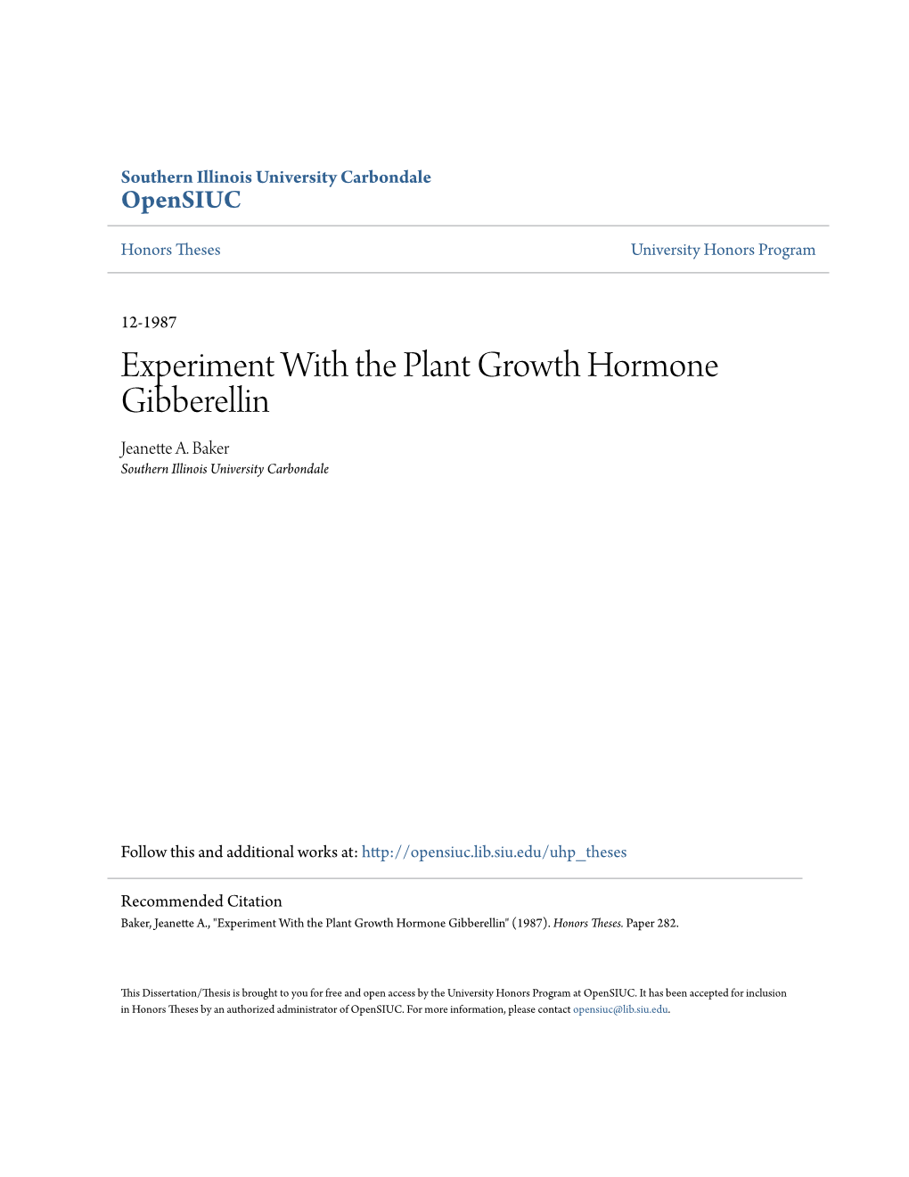 Experiment with the Plant Growth Hormone Gibberellin Jeanette A