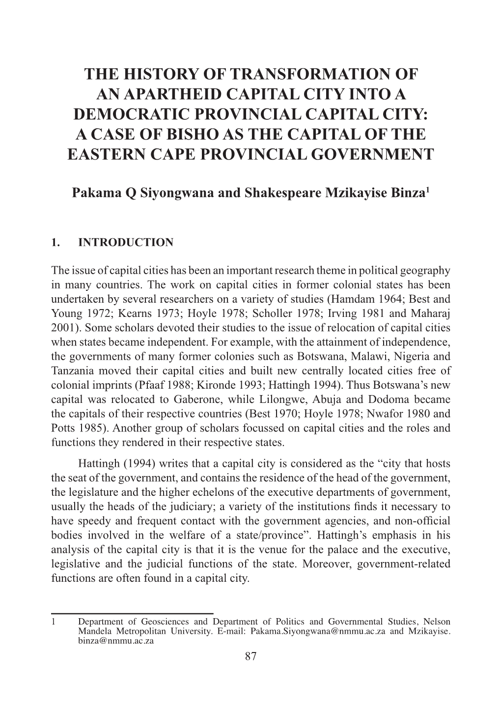 A Case of Bisho As the Capital of the Eastern Cape Provincial Government