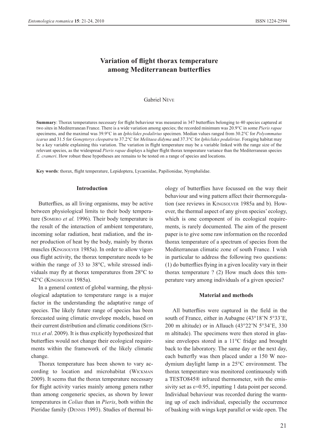 Variation of Flight Thorax Temperature Among Mediterranean Butterflies