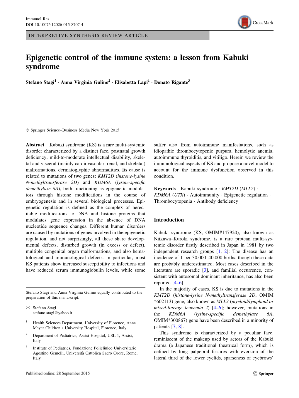 Epigenetic Control of the Immune System: a Lesson from Kabuki Syndrome