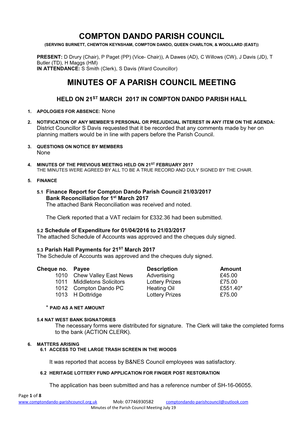 Compton Dando Parish Council Minutes of a Parish Council Meeting