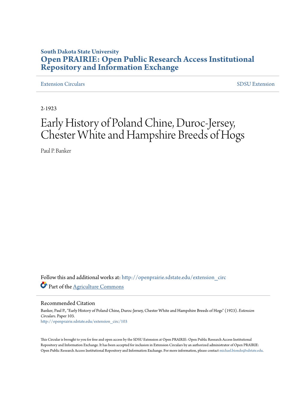 Early History of Poland Chine, Duroc-Jersey, Chester White and Hampshire Breeds of Hogs Paul P