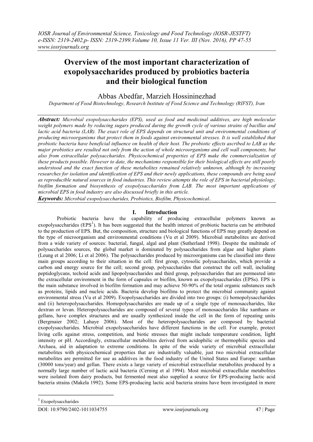 Overview of the Most Important Characterization of Exopolysaccharides Produced by Probiotics Bacteria and Their Biological Function