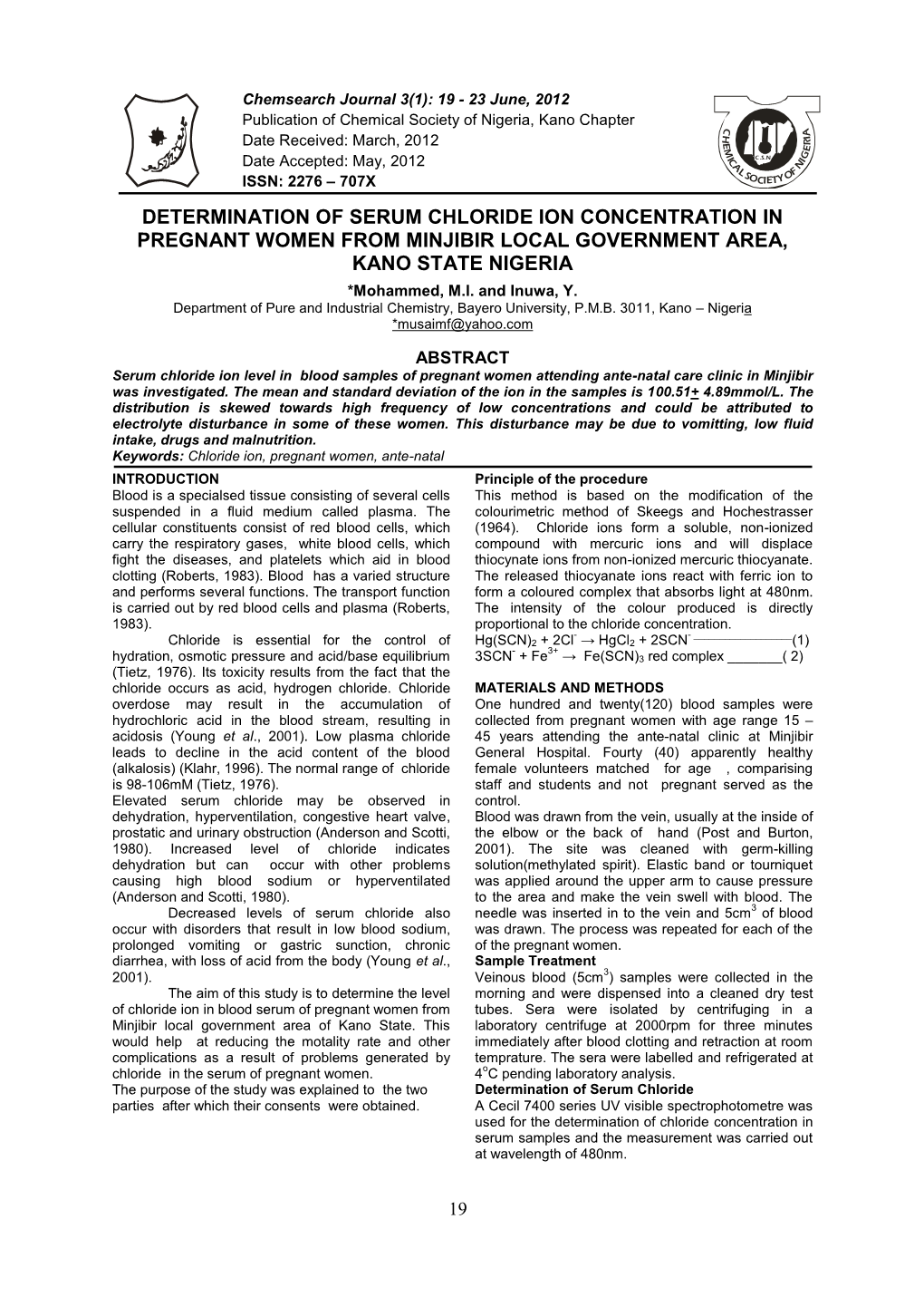 Determination of Serum Chloride Ion Concentration in Pregnant Women from Minjibir Local Government Area, Kano State Nigeria