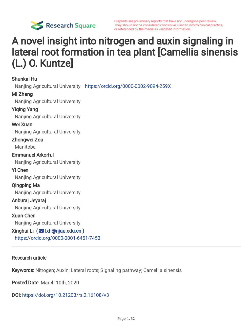 A Novel Insight Into Nitrogen and Auxin Signaling in Lateral Root Formation in Tea Plant [Camellia Sinensis (L.) O